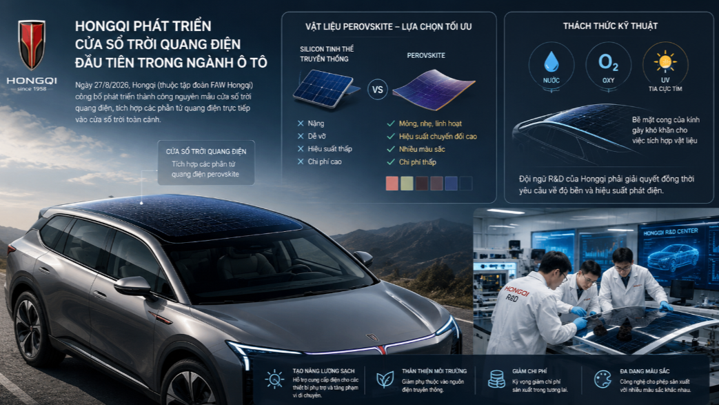 Hongqi công bố phát triển thành công nguyên mẫu cửa sổ trời năng lượng mặt trời dành cho ô tô. Ảnh minh họa được tạo bởi AI.