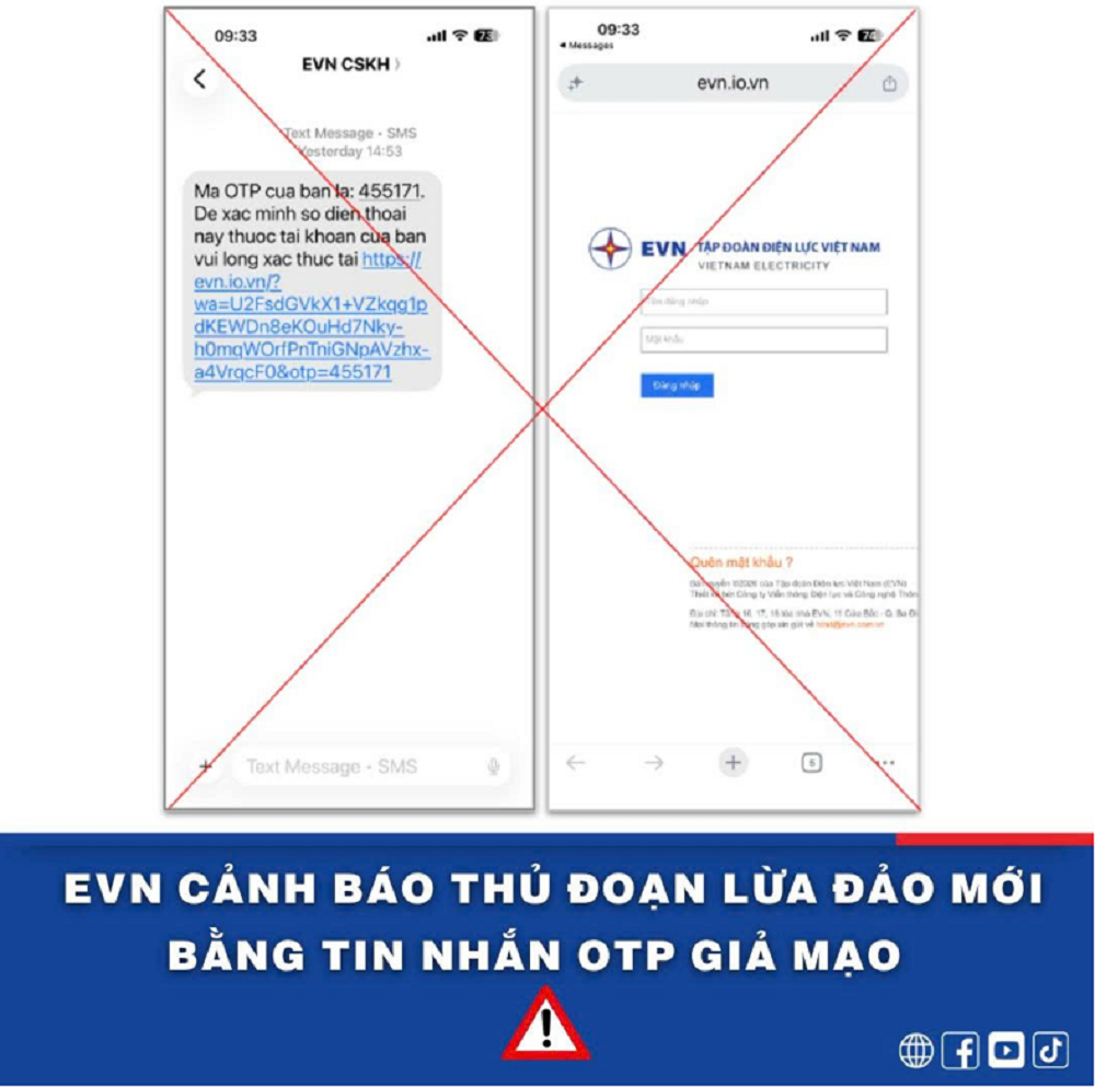 EVN cảnh báo thủ đoạn giả mạo tin nhắn OTP kèm liên kết lạ để đánh cắp thông tin khách hàng