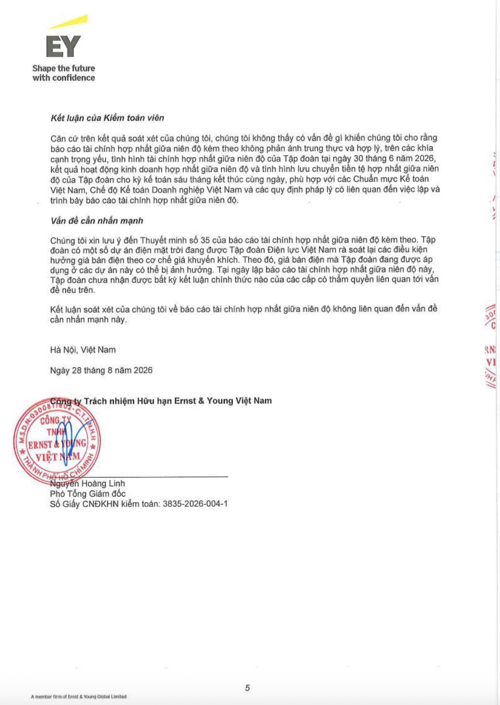Kiểm toán viên Ernst & Young Việt Nam lưu ý một số dự án điện mặt trời của Hà Đô đang trong diện rà soát lại điều kiện hưởng giá bán điện theo cơ chế giá khuyến khích. Ảnh chụp màn hình báo cáo soát xét ngày 28/8/2026.