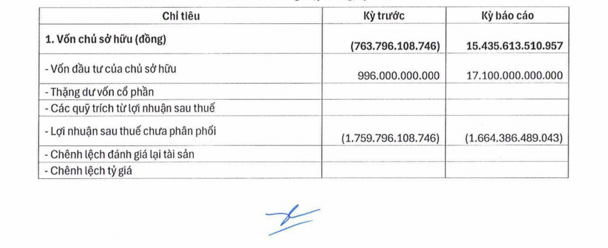 Vốn đầu tư của chủ sở hữu tăng từ 996 tỷ đồng lên 17.100 tỷ đồng, kéo vốn chủ sở hữu Công viên Châu Á thoát mức âm 763,796 tỷ đồng, trong khi lỗ lũy kế còn 1.664,386 tỷ đồng. Ảnh chụp bản công bố thông tin gửi Sở Giao dịch Chứng khoán Hà Nội.