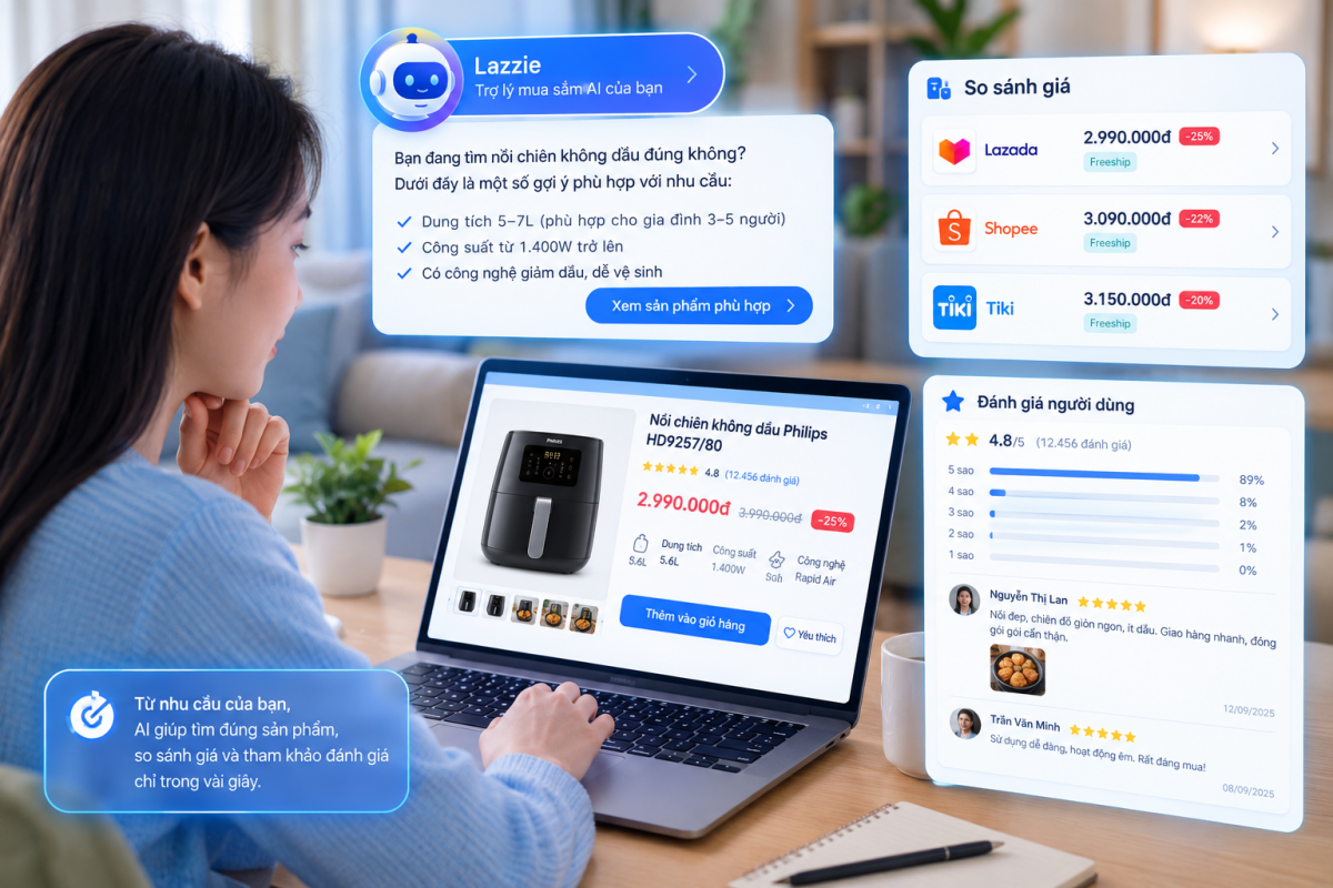AI hỗ trợ người mua tìm sản phẩm theo nhu cầu, so sánh giá và tham khảo đánh giá. Ảnh tạo bằng AI, giao diện và giá mang tính minh họa.