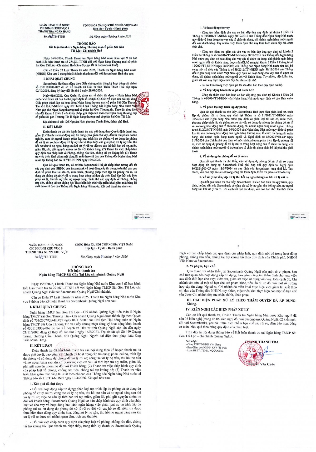 Thông báo kết luận thanh tra đối với Sacombank Chi nhánh Huế và Sacombank Chi nhánh Quảng Ngãi do Thanh tra Ngân hàng Nhà nước Khu vực 9 công bố trong tháng 9/2026. Nguồn: NHNN