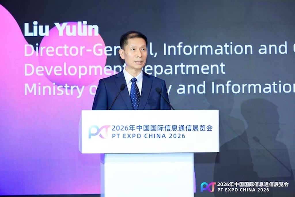 Ông Lưu Úc Lâm, Vụ trưởng Vụ Phát triển Thông tin và Truyền thông, Bộ Công nghiệp và Công nghệ Thông tin Trung Quốc, phát biểu tại Triển lãm Thông tin và Truyền thông Quốc tế Trung Quốc 2026 (PT EXPO China 2026). Ảnh: C114