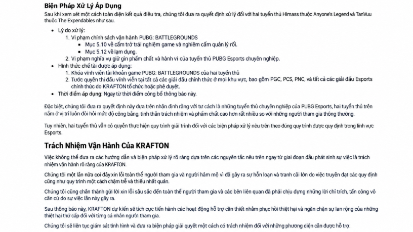 Thông báo từ nhà phát hành Krafton về án phạt dành cho 2 tuyển thủ. Ảnh: PUBG. Thông báo từ nhà phát hành Krafton về án phạt dành cho 2 tuyển thủ. Ảnh: PUBG.