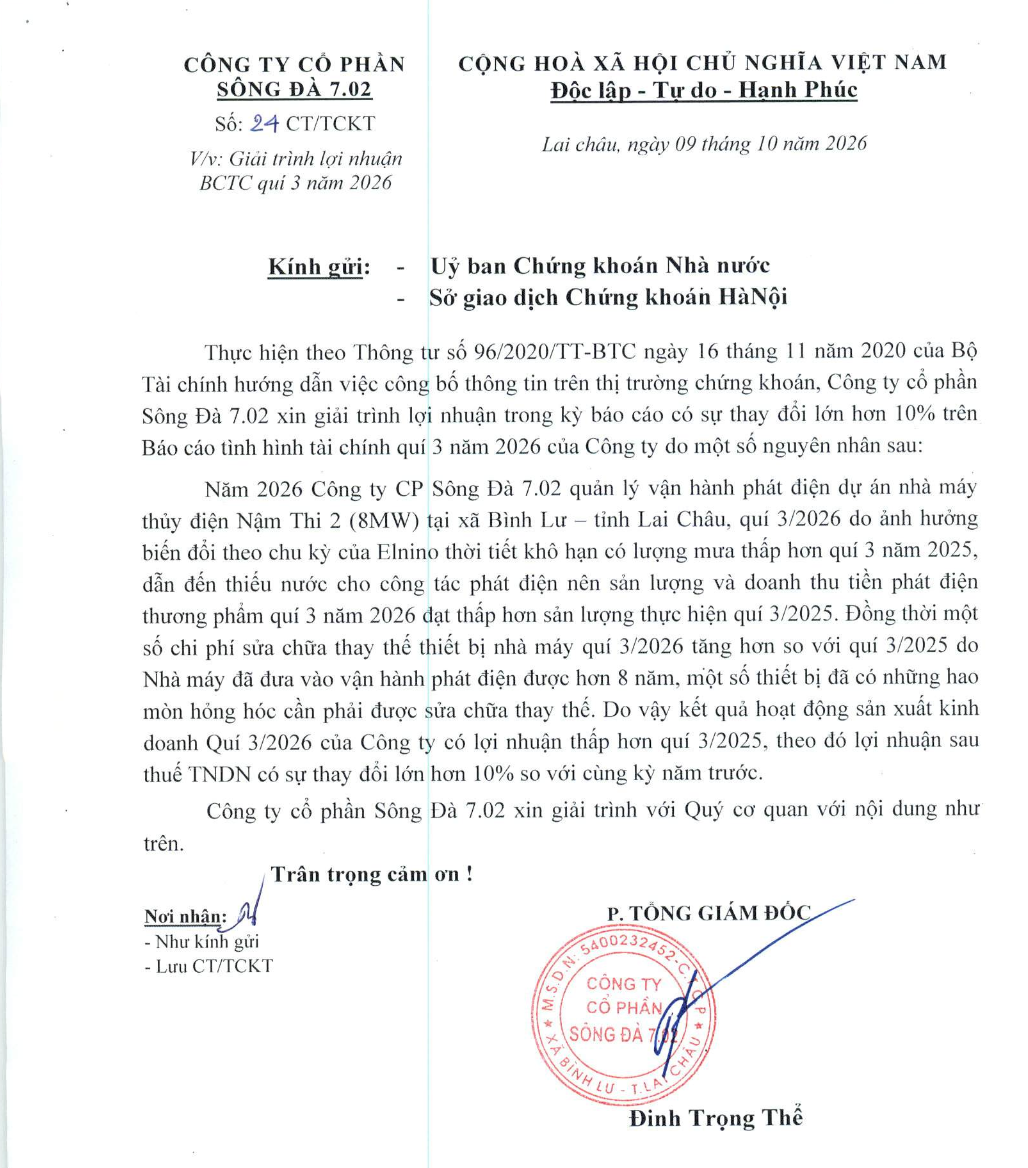 Sông Đà 7.02 giải trình lợi nhuận quý III/2026 giảm do khô hạn và thiết bị nhà máy hao mòn sau hơn 8 năm vận hành. Ảnh chụp văn bản.
