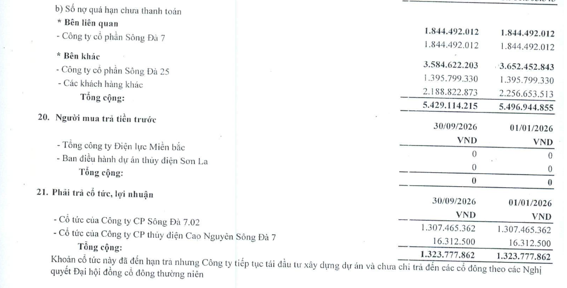 Sông Đà 7.02 có 5,43 tỷ đồng nợ nhà cung cấp quá hạn và 1,32 tỷ đồng cổ tức đến hạn chưa chi trả. Ảnh chụp báo cáo tài chính.