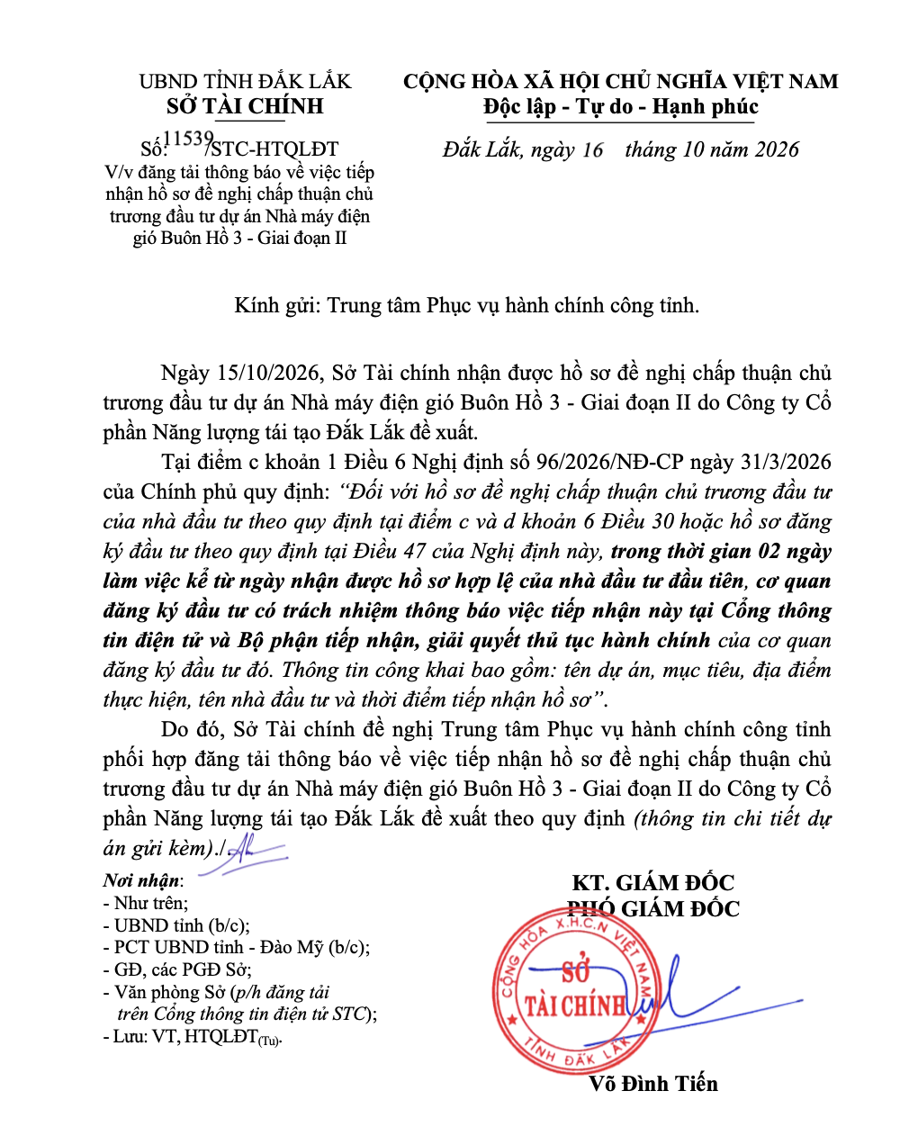 Sở Tài chính Đắk Lắk công khai việc tiếp nhận hồ sơ đề nghị chấp thuận chủ trương đầu tư dự án Nhà máy điện gió Buôn Hồ 3 giai đoạn II.