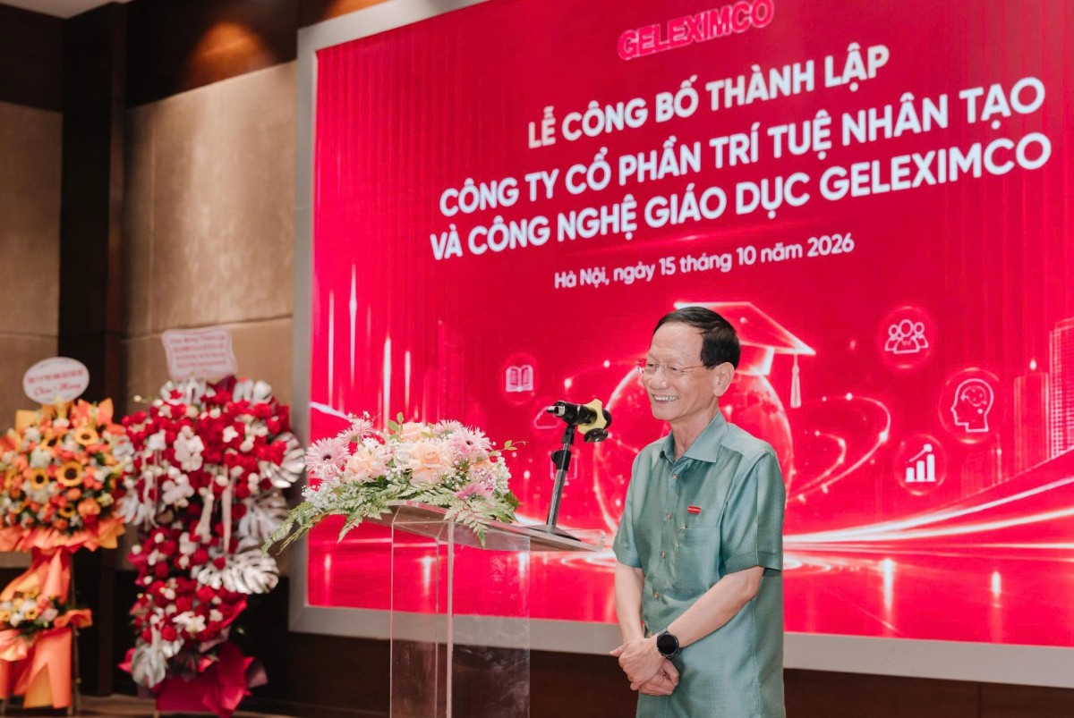 Ông Vũ Văn Tiền, Chủ tịch Hội đồng sáng lập Tập đoàn Geleximco, phát biểu tại lễ ra mắt Công ty Cổ phần Trí tuệ nhân tạo và Công nghệ giáo dục Geleximco. Ảnh: Geleximco.