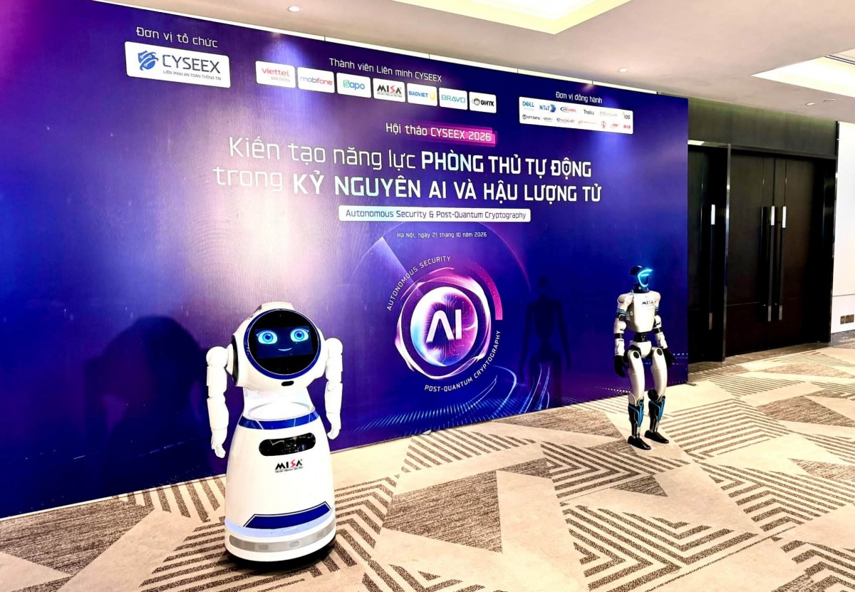 Không gian Hội thảo CYSEEX 2026 về phòng thủ tự động trong kỷ nguyên AI và hậu lượng tử, sáng 21/10 tại Hà Nội.
