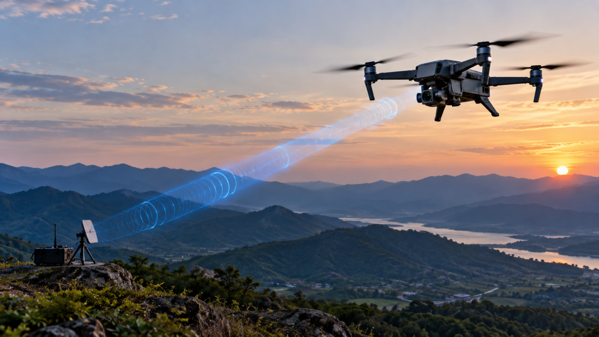 hệ thống liên lạc không dây giữa drone và trạm điều khiển mặt đất, lĩnh vực Peraso hướng tới phát triển bằng công nghệ sóng milimét 60 GHz. Ảnh minh họa tạo bằng AI. hệ thống liên lạc không dây giữa drone và trạm điều khiển mặt đất, lĩnh vực Peraso hướng tới phát triển bằng công nghệ sóng milimét 60 GHz. Ảnh minh họa tạo bằng AI.
