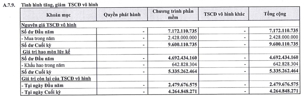 Nguyên giá chương trình phần mềm của Chứng khoán OCBS tăng lên 9,6 tỷ đồng sau chín tháng năm 2026. Nguồn: BCTC OCBS.