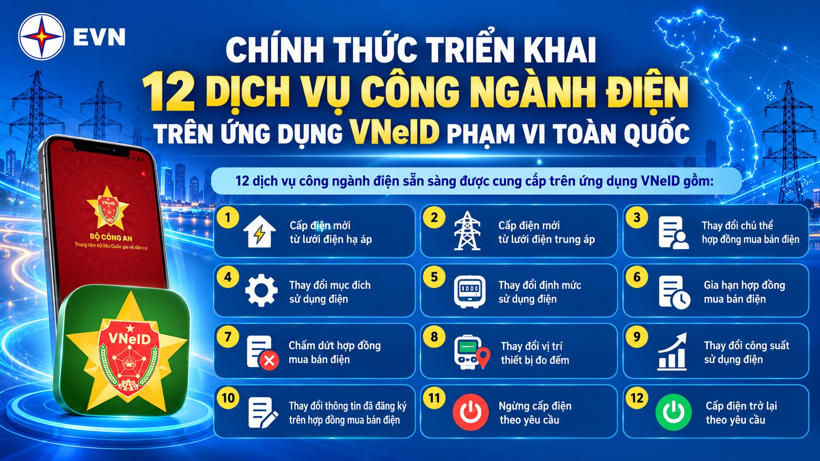 EVN triển khai 12 dịch vụ điện trên VNeID toàn quốc