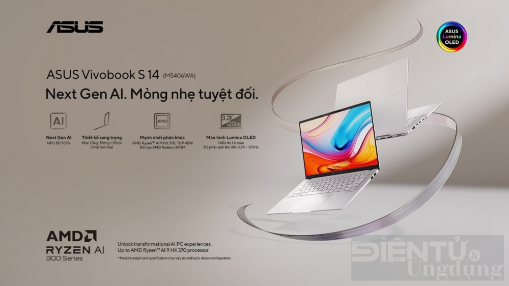 ASUS ra mắt laptop AI Vivobook S 14 mới sử dụng chip AMD Ryzen AI 9 NPU 50 TOPS