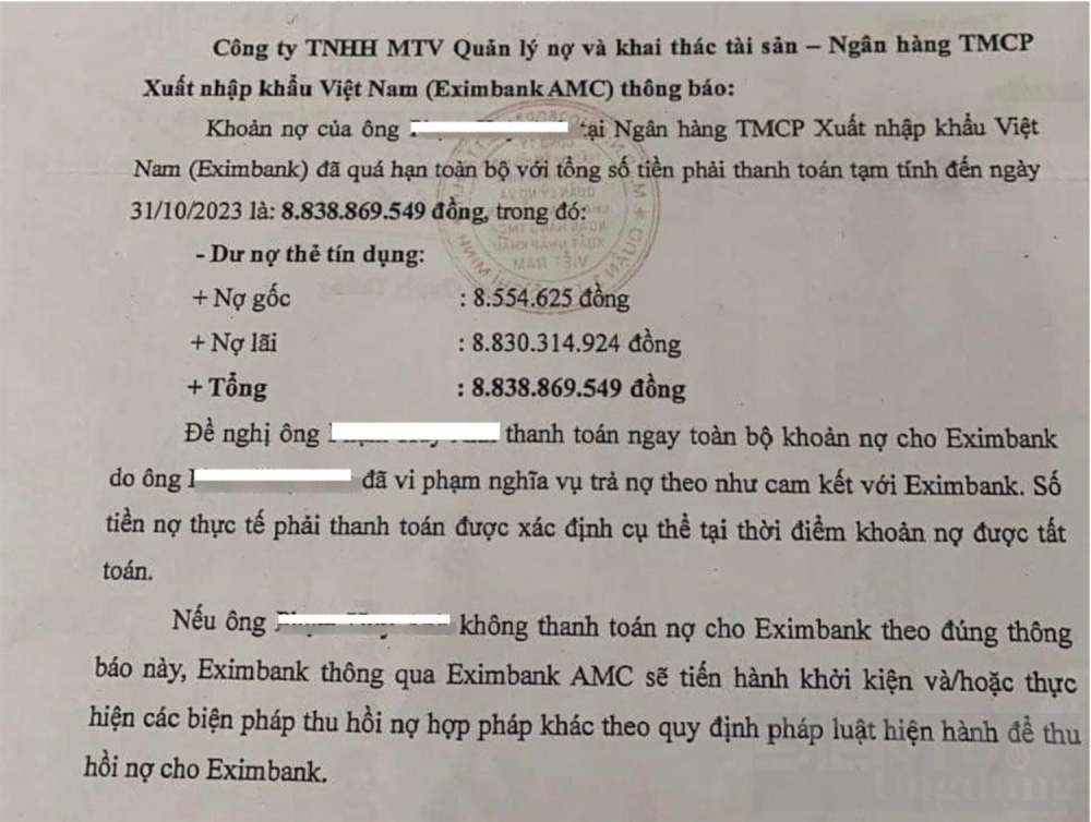 Cần làm rõ việc ngân hàng Eximbank tính lãi gần 9 tỷ đồng cho khoản vay 8,5 triệu đồng