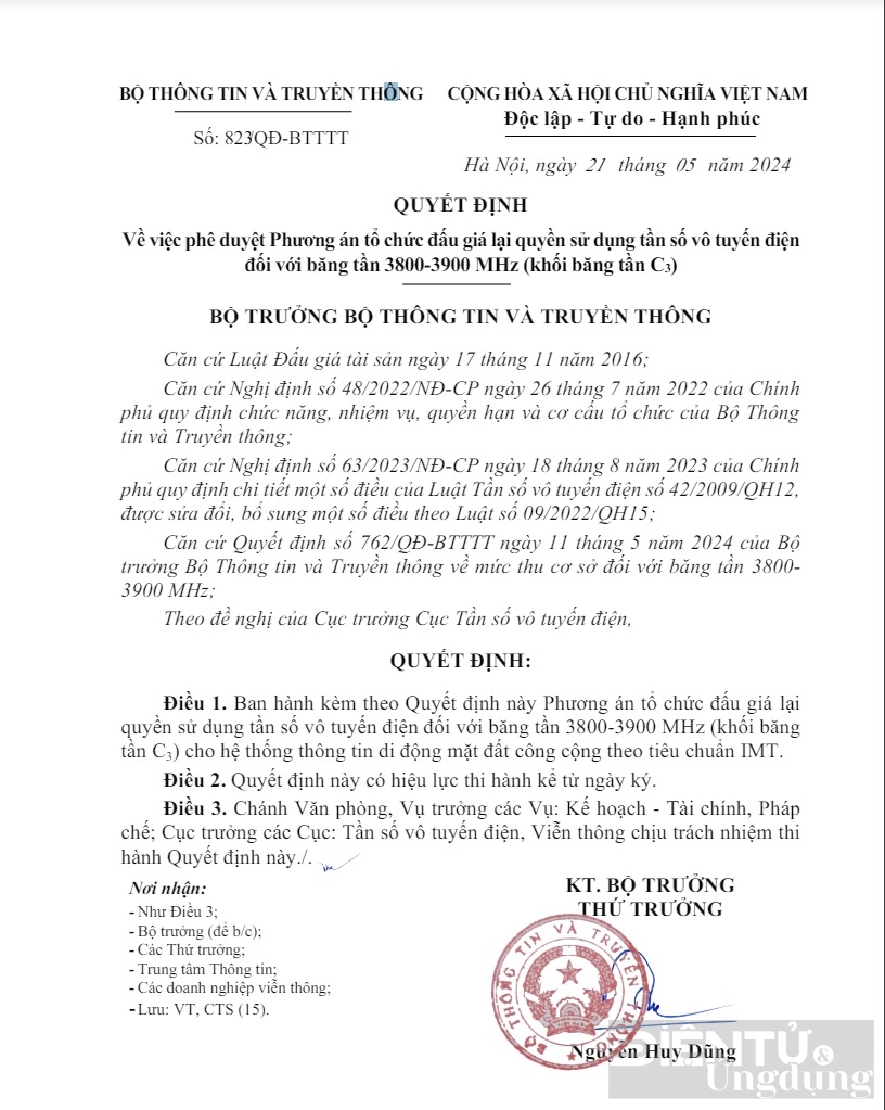 Đấu giá lại quyền sử dụng tần số vô tuyến điện, băng tần 3800-3900 MHz