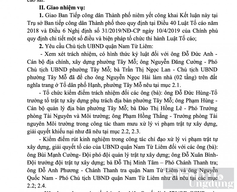 ha noi hang loat can bo lanh dao quan nam tu liem phai chiu trach nhiem trong sai pham trat tu xay dung tai phuong tay mo